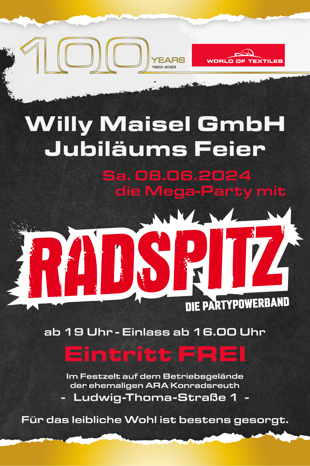 Wir feiern Jubiläum! Sa. 08.06.2024 - die Mega-Party mit der Partyband Radspitz.<br />
Wir sehen uns in Konradsreuth!